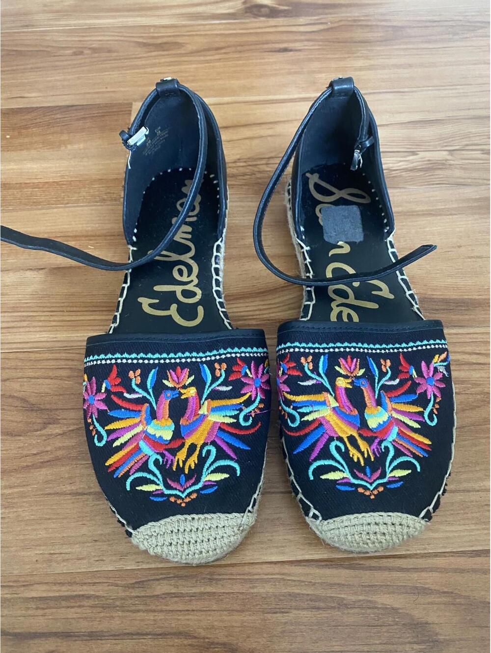 Sam Edelman Black Embroidered Floral Multicolor Espadrilles anckle strap Sz 8 38
